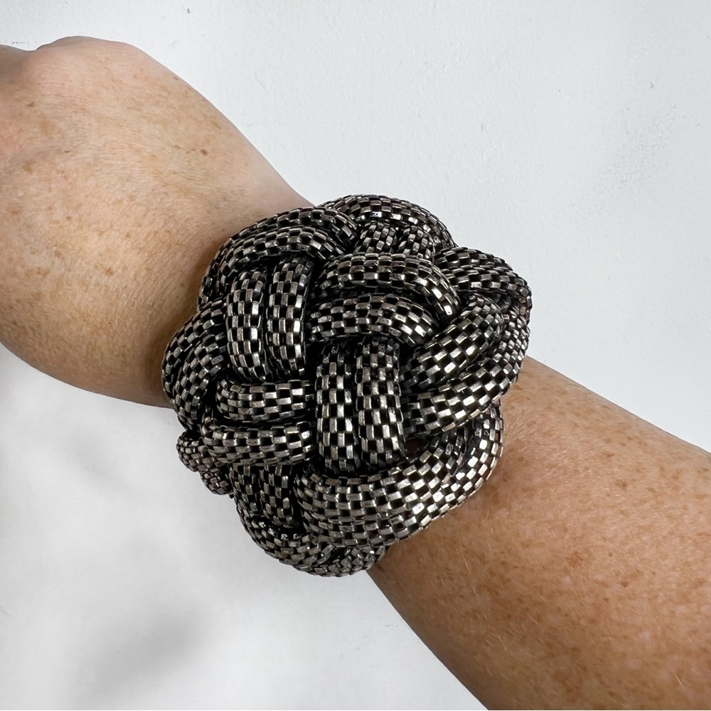 Braided Black and Silver Mesh Coil Cuff Bracelet